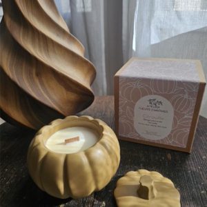 Dessus de la bougie Citrouille avec sa mèche en bois