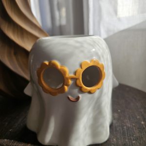 Brûle-parfum fantôme Groovy avec lunettes fleurs orange, vue de face